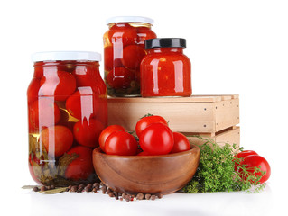 Tasty canned and fresh tomatoes, isolated on white