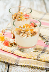 Muesli with yogurt close-up