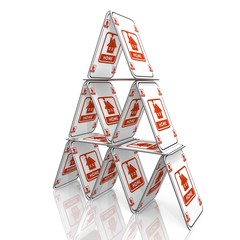 3d render of a balanced home icon  on a card house