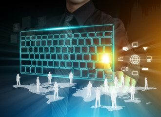 Man's hands typing on digital keyboard with communication icons