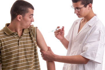 Young doctor give an injection to a pacient who is very afraid o