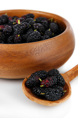 Ripe mulberries in bowl and spoon isolated on white