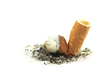 Cigarette butt with ash isolated on white background.