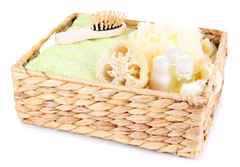 Set  for spa in wicker basket, isolated on white