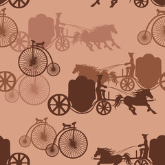 Seamless pattern of horse carriages and bicycles