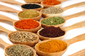 Assortment of spices in wooden spoons