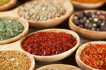 Assortment of spices in wooden spoons, close-up