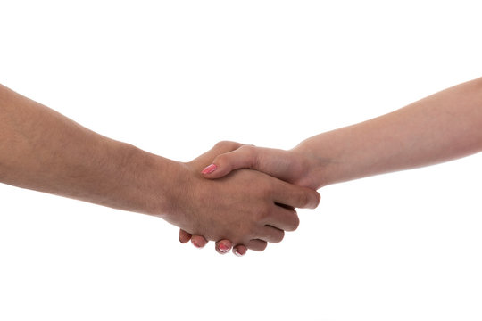 Man and woman shaking hands, isolated on white