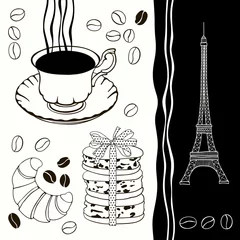 Crédence de cuisine en verre imprimé Illustration Paris Petit déjeuner français. Illustration monochrome.