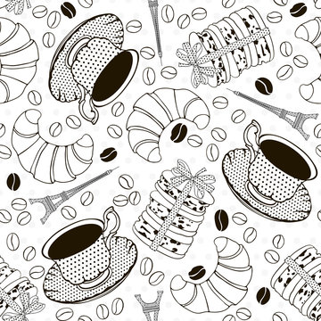 Monochrome  seamless pattern with  symbols of France. French bre
