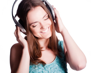 Girl With Headphones Singing On White Background