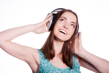 Fototapeta premium Girl With Headphones Singing On White Background