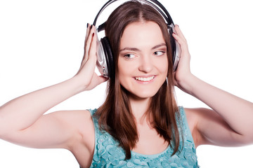 Girl With Headphones Singing On White Background
