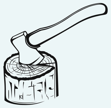 recommend clip art: Axe and stump isolated on blue background