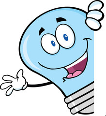 Blue Light Bulb Cartoon Character Waving Behind A Sign