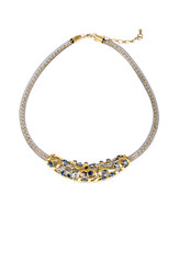 Gold Necklace with Blue Stones on White Background