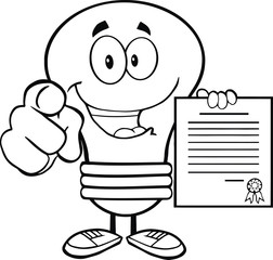 Outlined Light Bulb Pointing With Finger And Holding A Contract