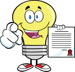 Light Bulb Pointing With Finger And Holding A Contract