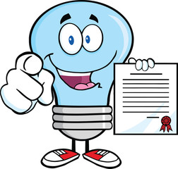 Blue Light Bulb Pointing With Finger And Holding A Contract