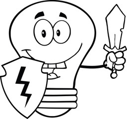 Outlined Light Bulb Guarder With Shield And Sword