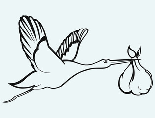 Stork with baby isolated on blue background