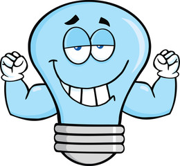 Smiling Blue Light Bulb Cartoon Character With Muscle Arms