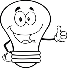 Outlined Light Bulb Cartoon Character Giving A Thumb Up