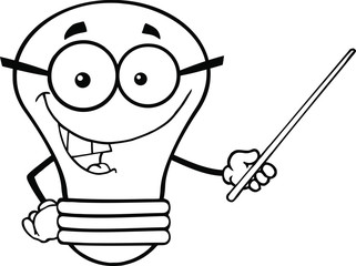 Outlined Light Bulb Character With Glasses Holding A Pointer