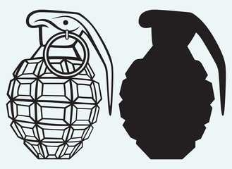Image of an manual grenade isolated on blue background - obrazy, fototapety, plakaty