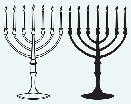 Hanukkah menorah with candles isolated on blue background