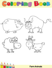 Coloring Book Page Farm Animals Cartoon Character