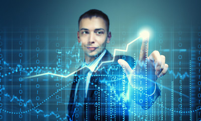 Young businessman touching icon