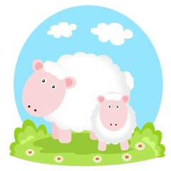 lovely sheep with lamb on glade