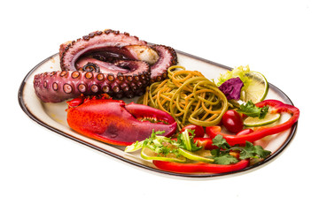 Seafood pasta with octopus and lobster leg