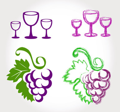 grapes and wine glasses - set