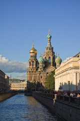 Saint Petersburg church in the blue sky and channel
