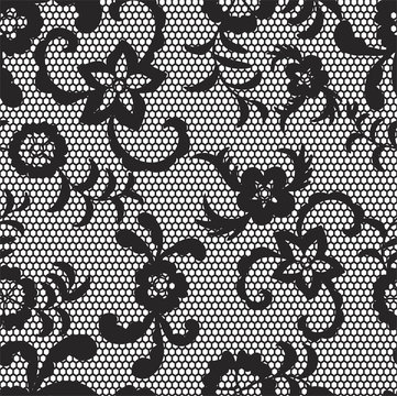 Lace black seamless pattern with flowers on white background