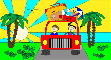 Illustration of car with suitcases going on holiday