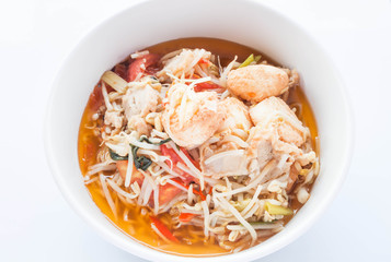 Spicy stir fry bean sprout with tofu on white background