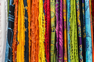 colorful fabric textures, hanging