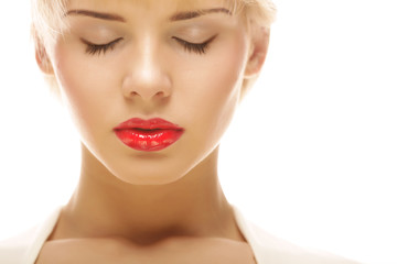 beautiful blond woman with red lipstick