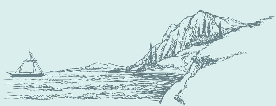 Рисунок море и горы карандашом