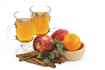 glass of apple juice, fresh fruits and spices