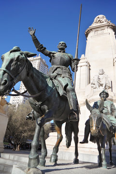 Monument to Don Quixote and Sancho Panza at spring sunny day