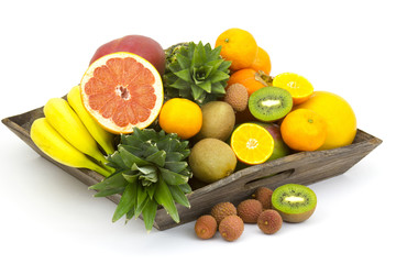 fresh fruit on a wooden tray