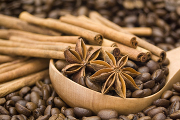 coffee beans, cinnamon and anise