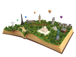 isolated book with world landmarks