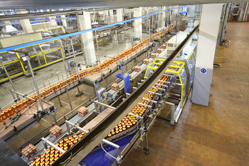 Top view of conveyor with beer in factoty
