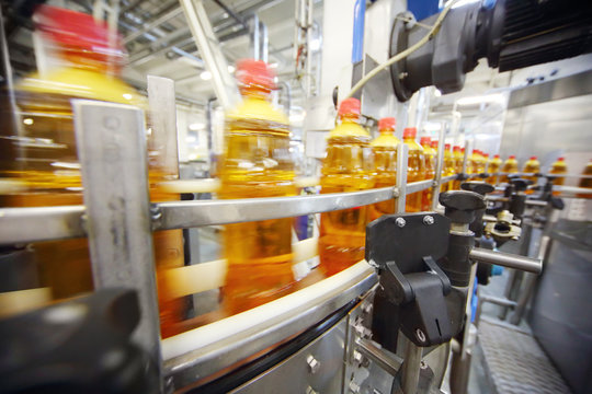 Yellow plastic bottles with light beer go on conveyor belt