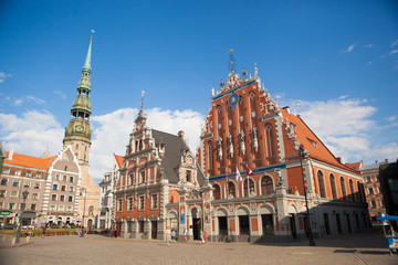 St.Peter Church and House of the Blackheads. Riga, Latvia - obrazy, fototapety, plakaty